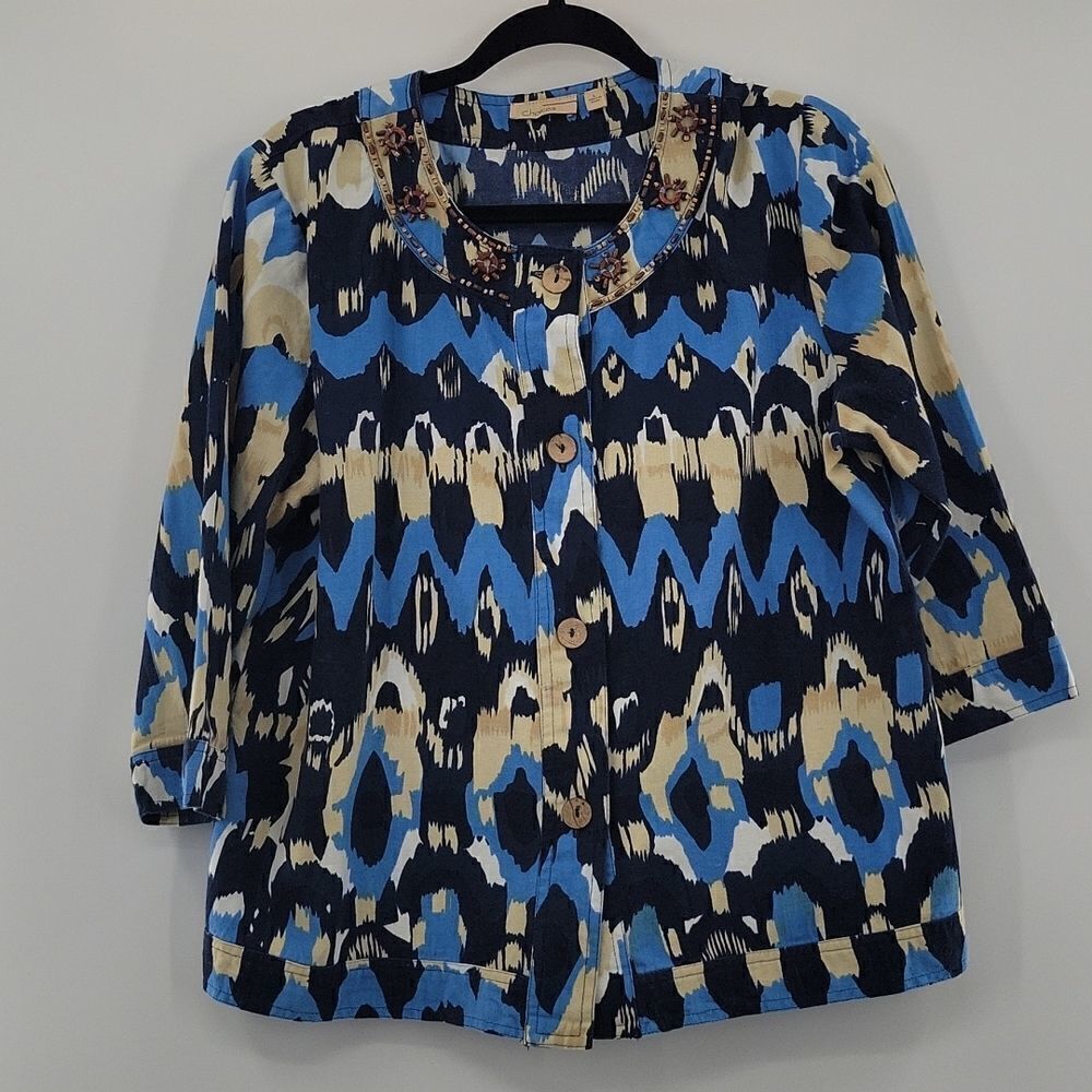 3For$20 Choices Jacket Blue w/ Beige&White design beaded collar size L